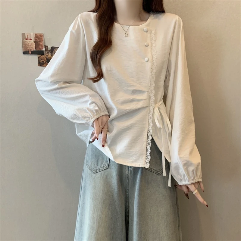 2025春季新款设计感蕾丝花边系带长袖衬衫大码女装胖妹妹显瘦上衣