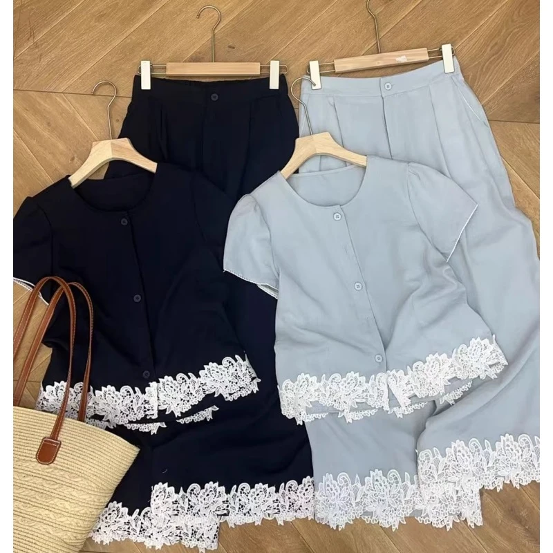 【300斤胖妹妹】夏季新款法式蕾丝拼接衬衫女+洋气高腰阔腿裤两件套