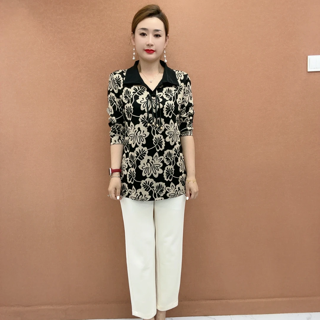 秋季妈妈装斜纹棉中长款翻领打底衫