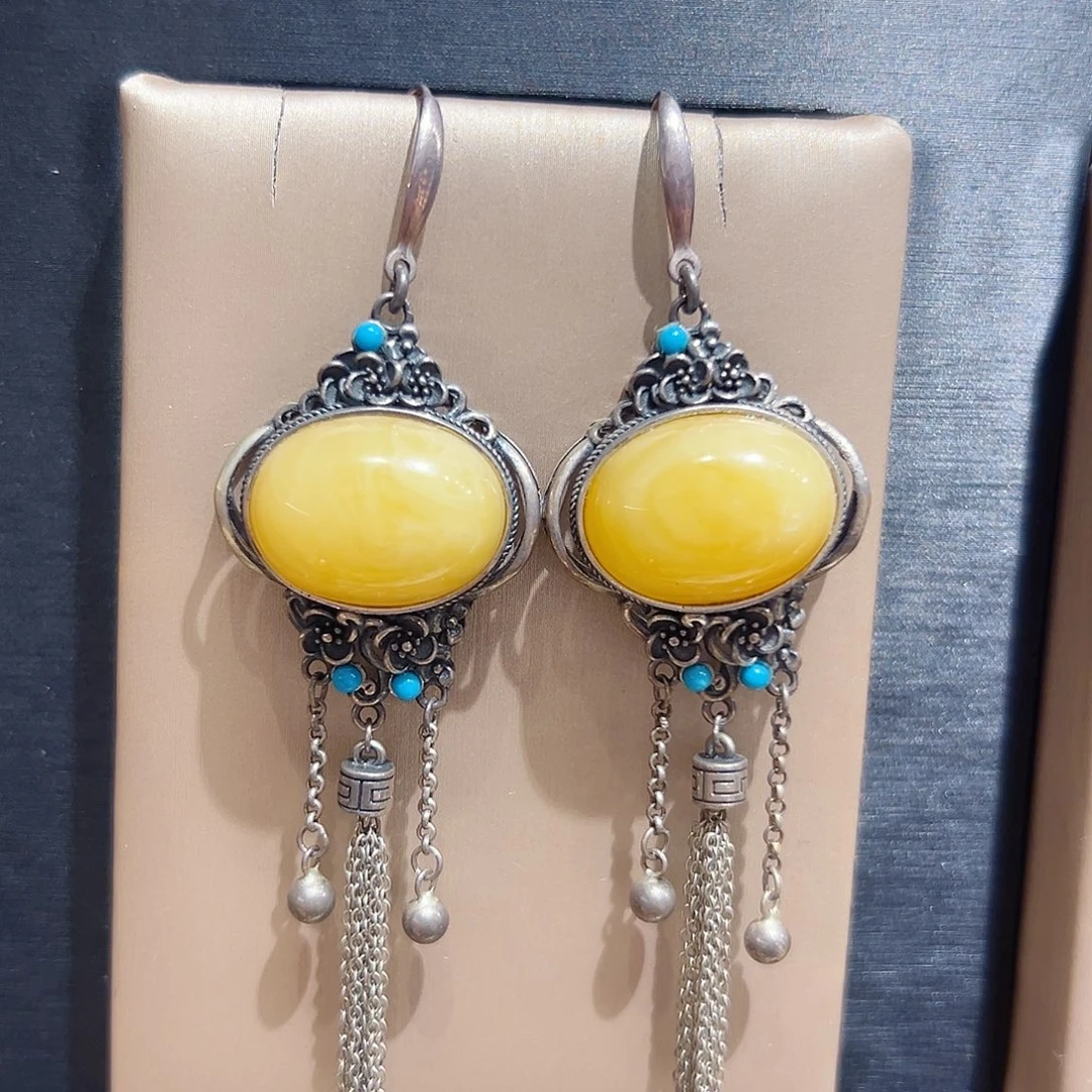 琥珀银S925镶嵌挂件耳环