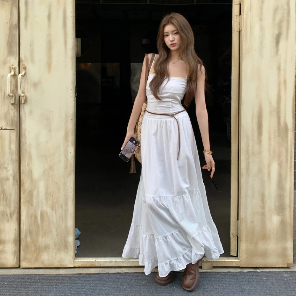 实拍2025春夏新款纯棉小白裙女修身大摆长裙显瘦吊带连衣裙蛋糕裙