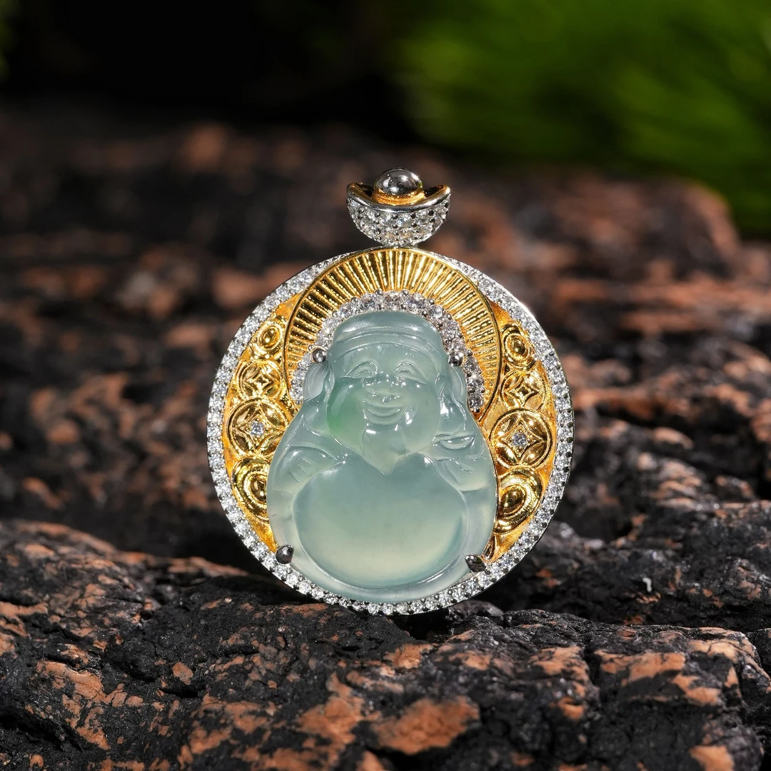 【福利】VISING天然A货翡翠高冰种蓝水财神爷吊坠国风项链锁骨链