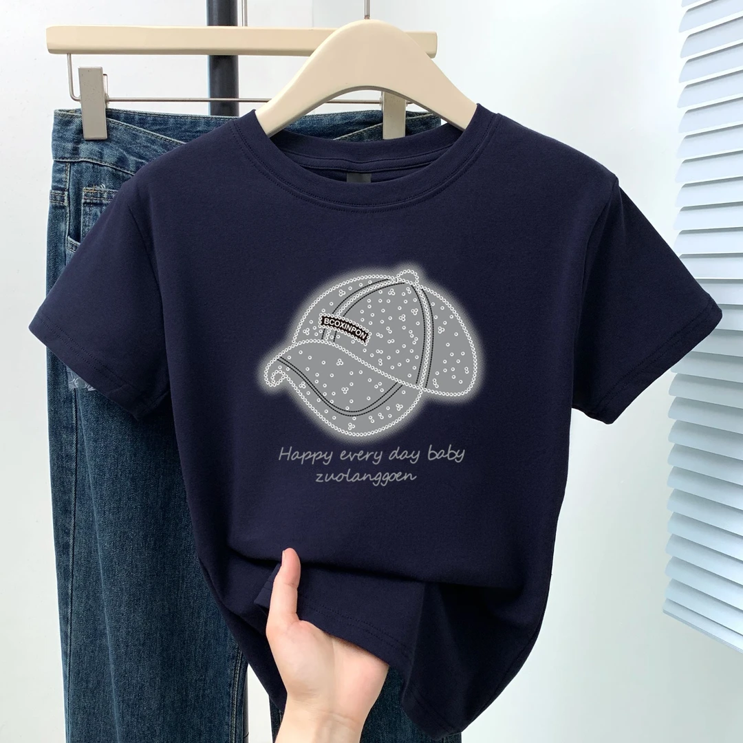 藏蓝色圆领短袖T恤女夏季新款韩版设计感帽子印花显瘦正肩上衣潮