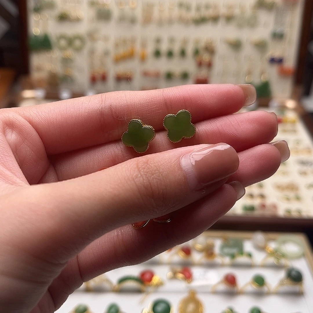 和田玉银S925镀金镶嵌耳饰