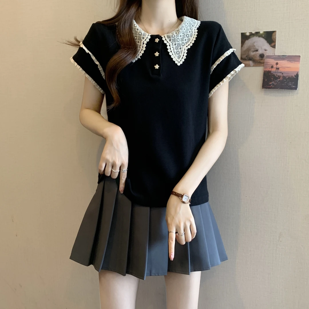 2025夏季新款蕾丝拼接黑色短袖T恤女大码时尚设计感显瘦气质上衣