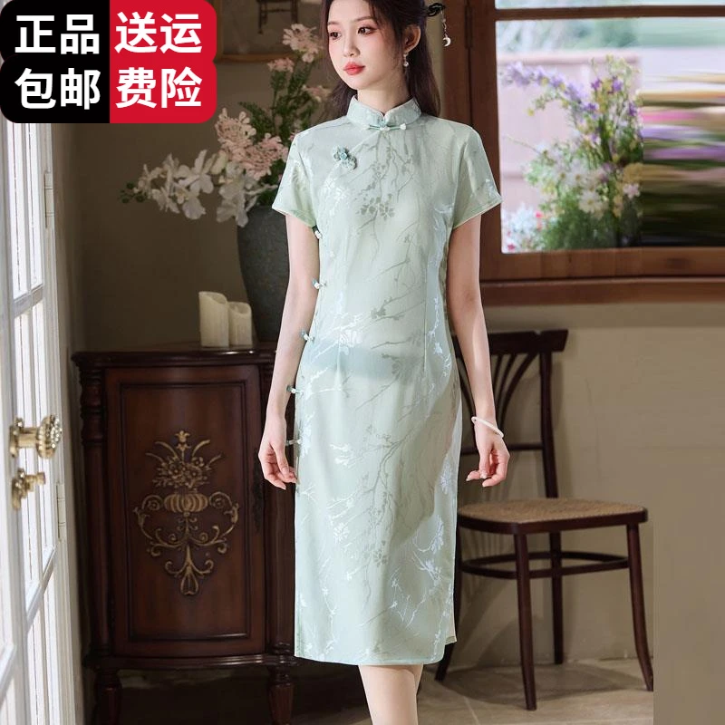 工厂直销百搭气质优雅改良版夏季冰丝连衣裙收腰大牌新中式气