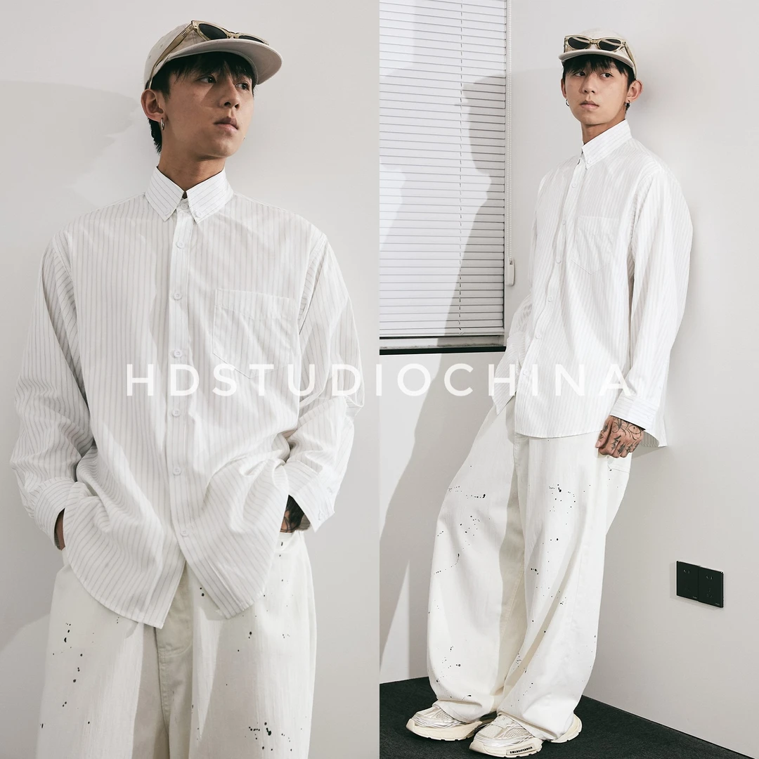 HDCHINA[冷银白]白条纹免烫抗皱衬衫百搭宽松廓形户外防晒衬衫男