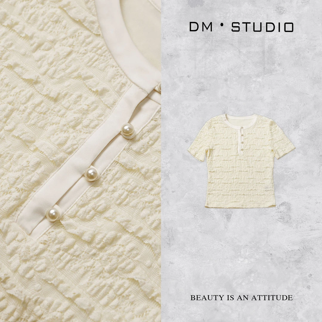 DEDM•STUDIO/夏季精致显瘦百搭高弹力蕾丝短袖上衣2503TX/3693