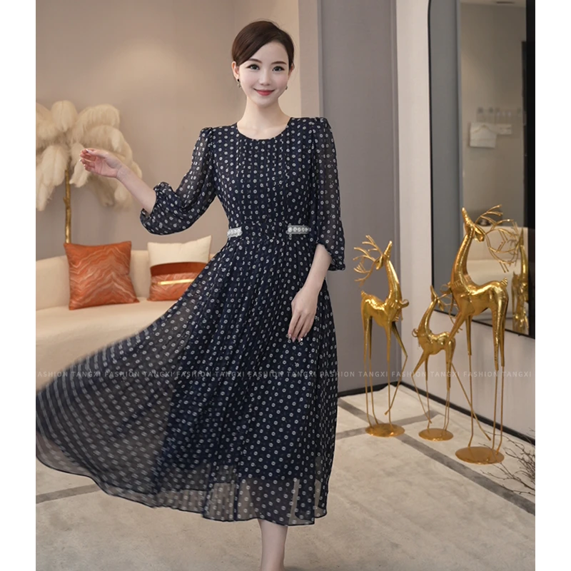 2025夏季新款【LT-1090】垂感小众气收腰大裙摆蓝色A字高腰连衣裙女