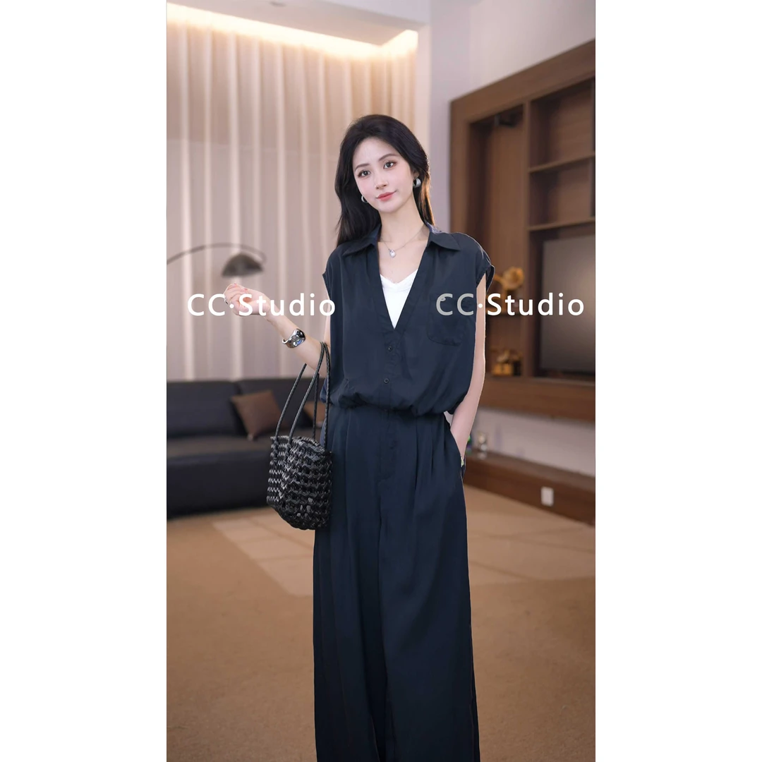 2025慵懒松弛夏日穿搭无袖假两件上衣+阔腿裤套装女两件套BN25522