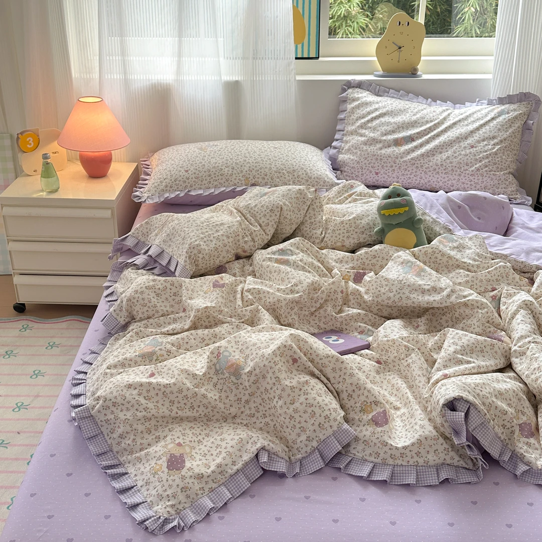 小玲子 浮光紫筱 全棉纯棉三件套四件套花边印染工艺 小清新风