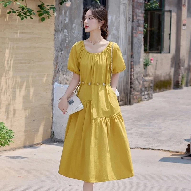 通勤静奢风纯色夏季A字裙连衣裙长裙法式宽松小清新