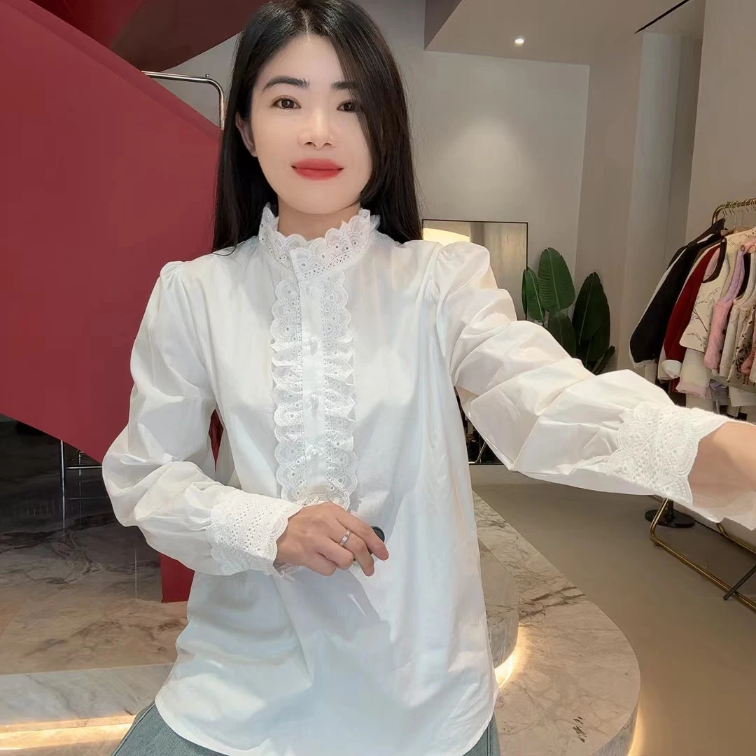 QC 252640 设计感白色立领花边长袖叠穿衬衫