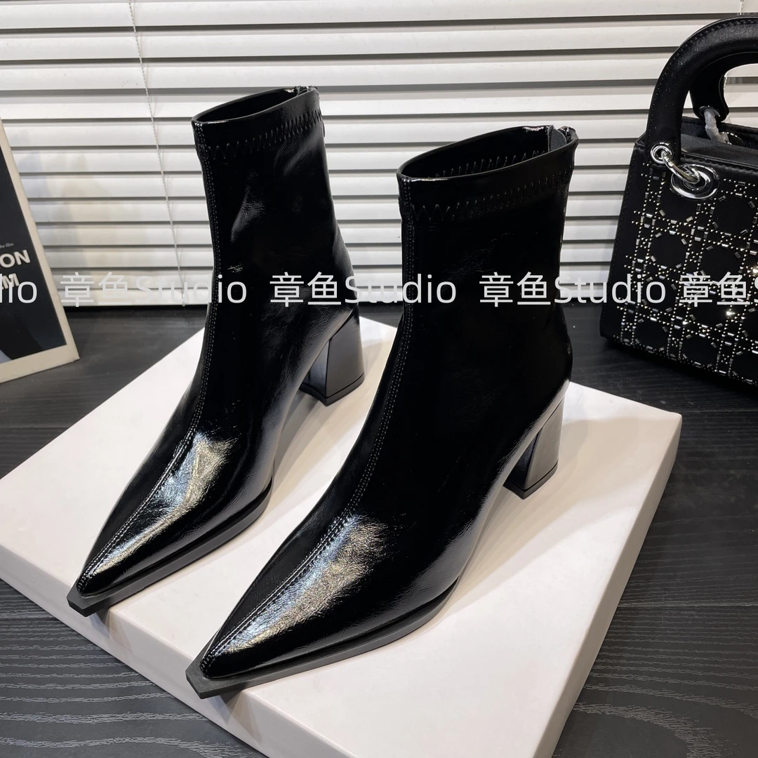 法式粗跟短靴女复古尖头高跟小踝靴气质百搭弹力瘦瘦靴