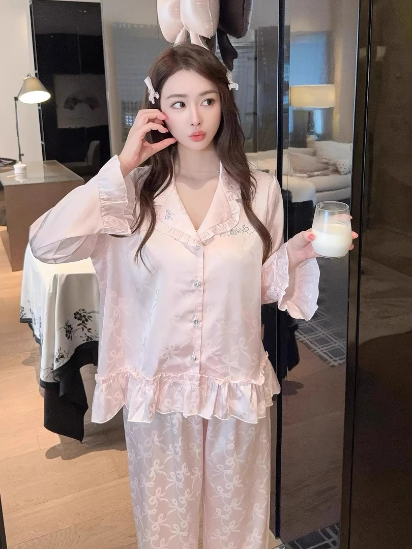 甜美少女风睡衣女2025春夏新款蝴蝶结提花长袖家居服套装可外穿