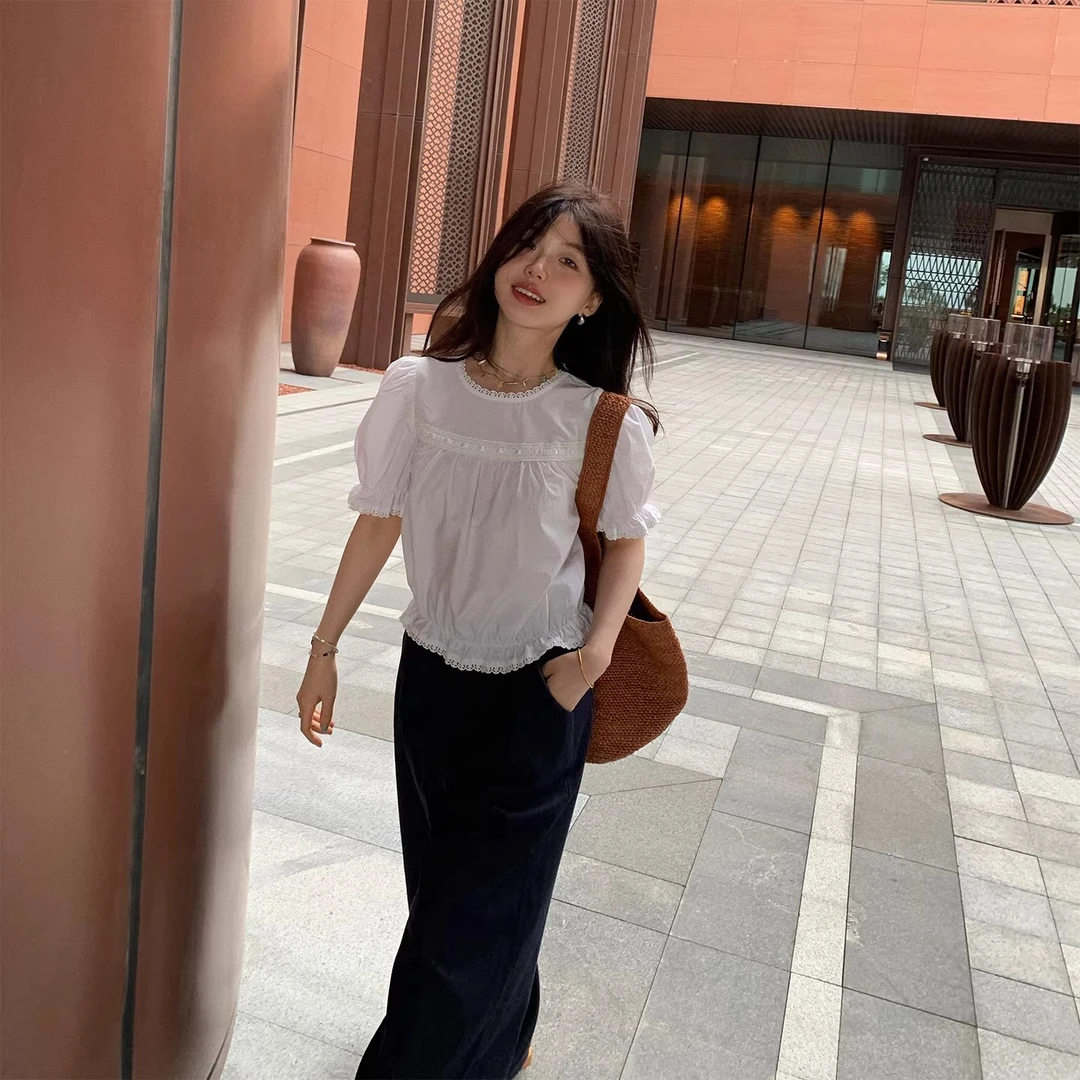 一三良品小个子 白色花边短泡泡袖衬衫女收腰短款公主气质Z5608