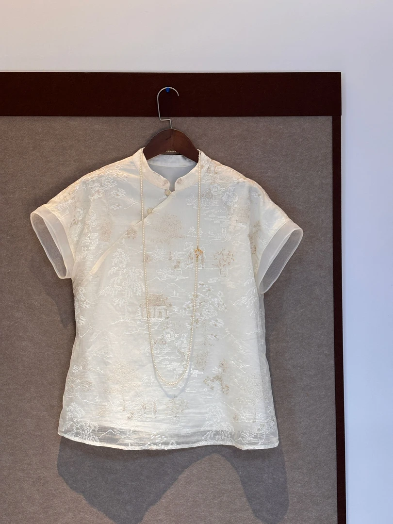 柚茗精选-----原创设计双层桑蚕丝网纱拼接重工刺绣短袖-D