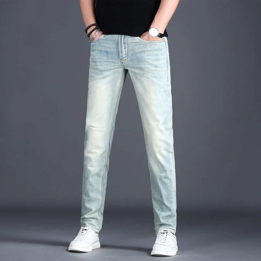 男士夏季薄款牛仔裤复古水洗做旧直筒修身牛仔裤时尚百搭男装长裤