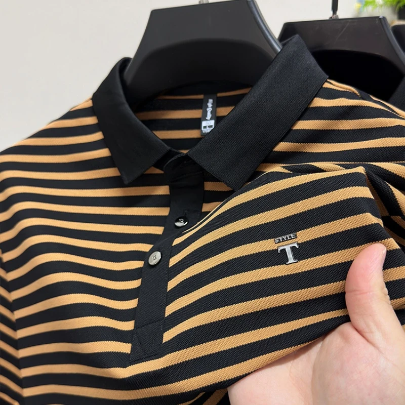 CATIA SELI短袖翻领夏季男士POLO衫中老年半袖带领丝光棉条纹上衣