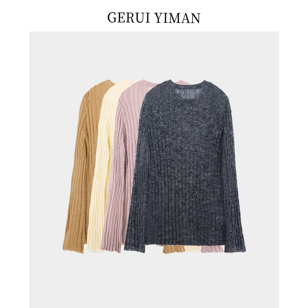 格瑞依曼春秋大码女马海毛亮片毛衣氛围感显瘦高贵女装喇叭袖上衣