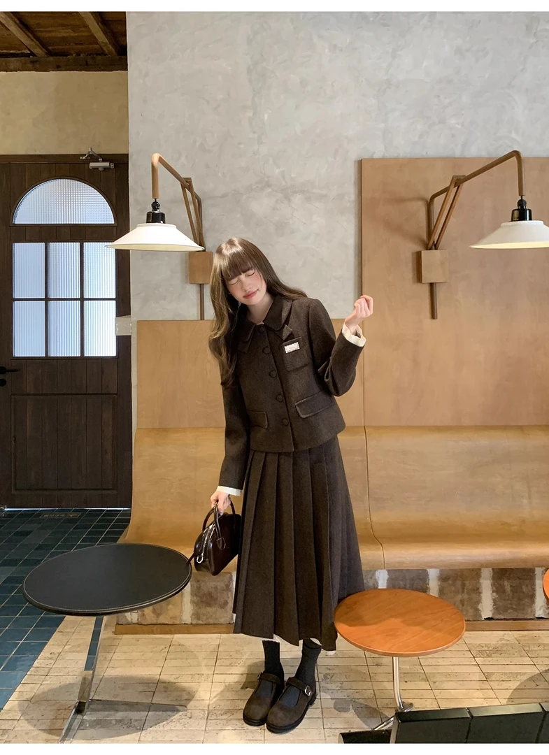 韩版呢子外套半身裙外穿小清新两件套女秋冬新款气质休闲时尚套装