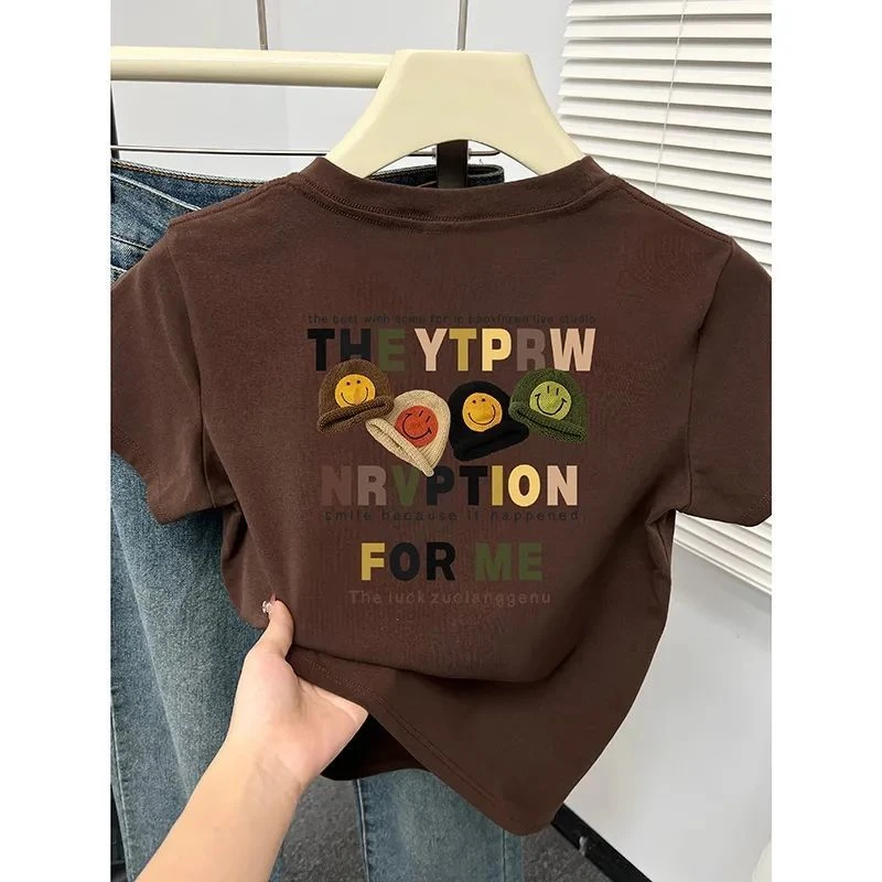 短袖正肩新款t恤印花前后小个子百搭上衣女韩版休闲2025圆领夏季