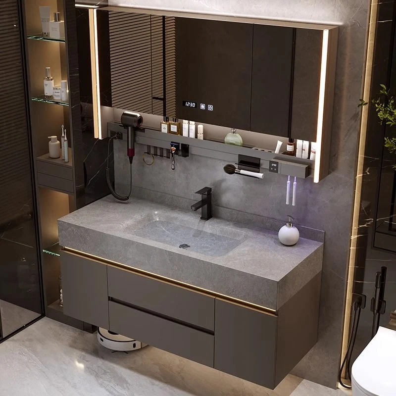 轻奢奶油风岩板热弯一体盆浴室柜组合卫生间洗漱台洗脸洗手盆实木