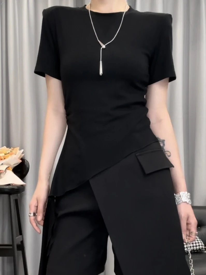 S1820纯色不规则斜下摆时尚百搭显瘦T恤春季新款气质上衣