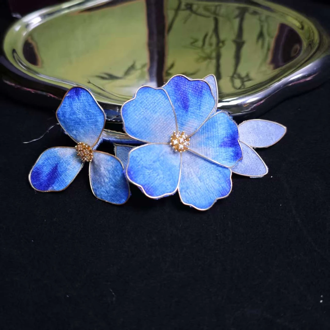 云鬓花古风饰品古装发饰仙气绒面发夹 澄蓝金蕊（孤品汉服发饰B636