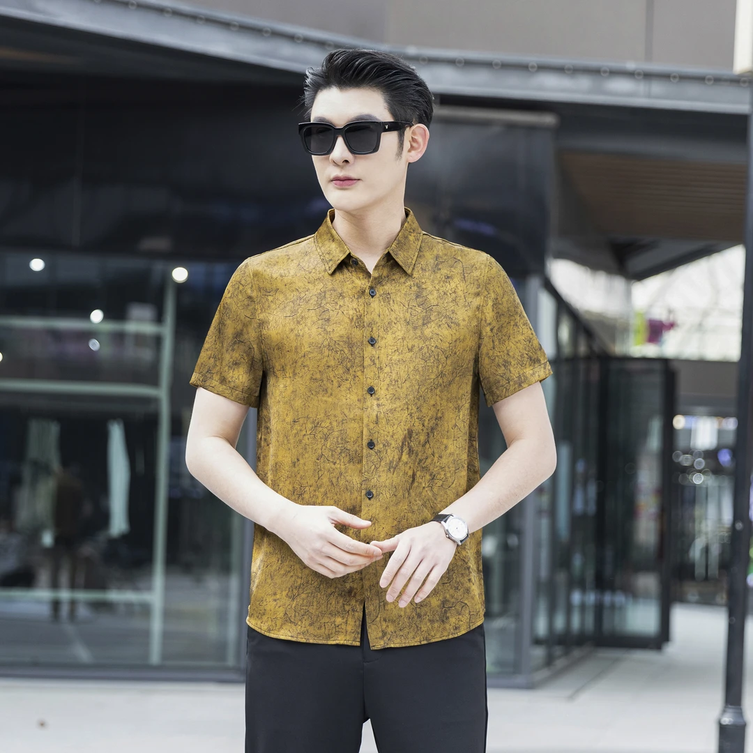 [臻品香云纱]男士夏季衬衫薄款天然桑蚕丝短袖休闲百搭透气衬衣10