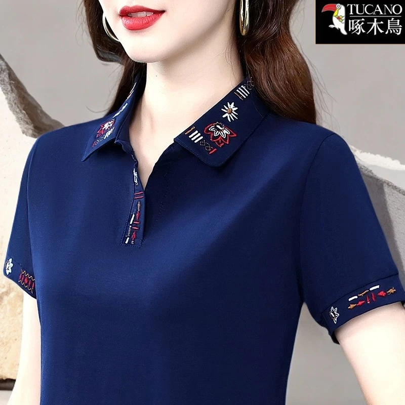 啄木鸟时尚刺绣POLO领纯色短袖T恤2025年夏季新款韩版显瘦上衣女