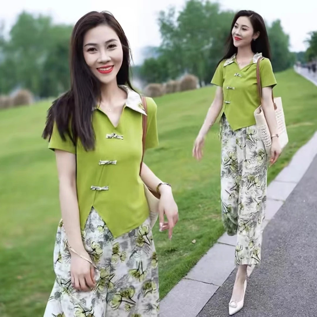 +国风时尚盘扣宽松阔腿裙裤两件套上衣+裤子