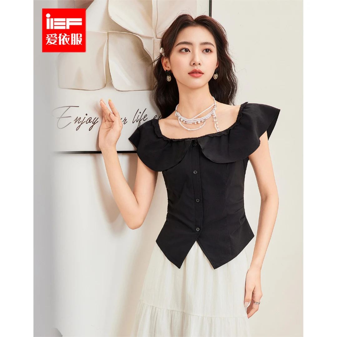 IEF/爱依服2025夏季设计感时尚黑色荷叶边一字肩显瘦气质小众上衣