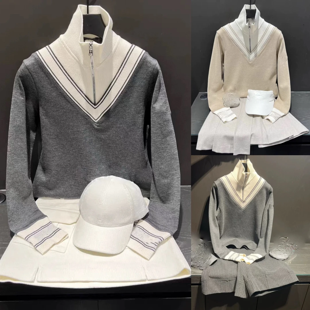 高尔夫秋冬针织衫韩版时尚气质拉链女士长袖拼接款运动百搭上衣女
