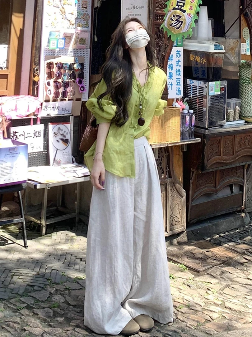 多巴胺穿搭轻奢高级感巨好看韩里韩气减龄超火气质百搭衬衫套装夏