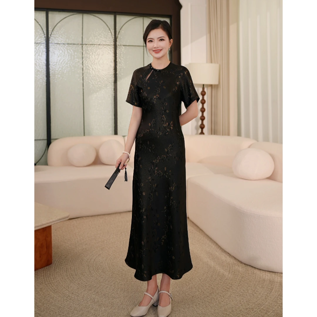 【正绢桑蚕丝】枫竺阿楠anan温婉圆领斜襟钉珠新中式旗袍真丝连衣裙