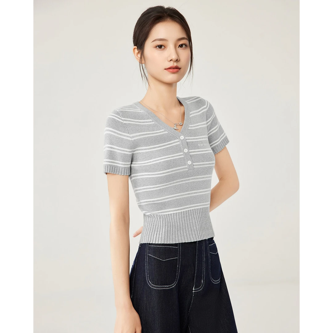 IEF/爱依服2025春夏新款韩版时尚通勤气质条纹显瘦百搭毛织上衣