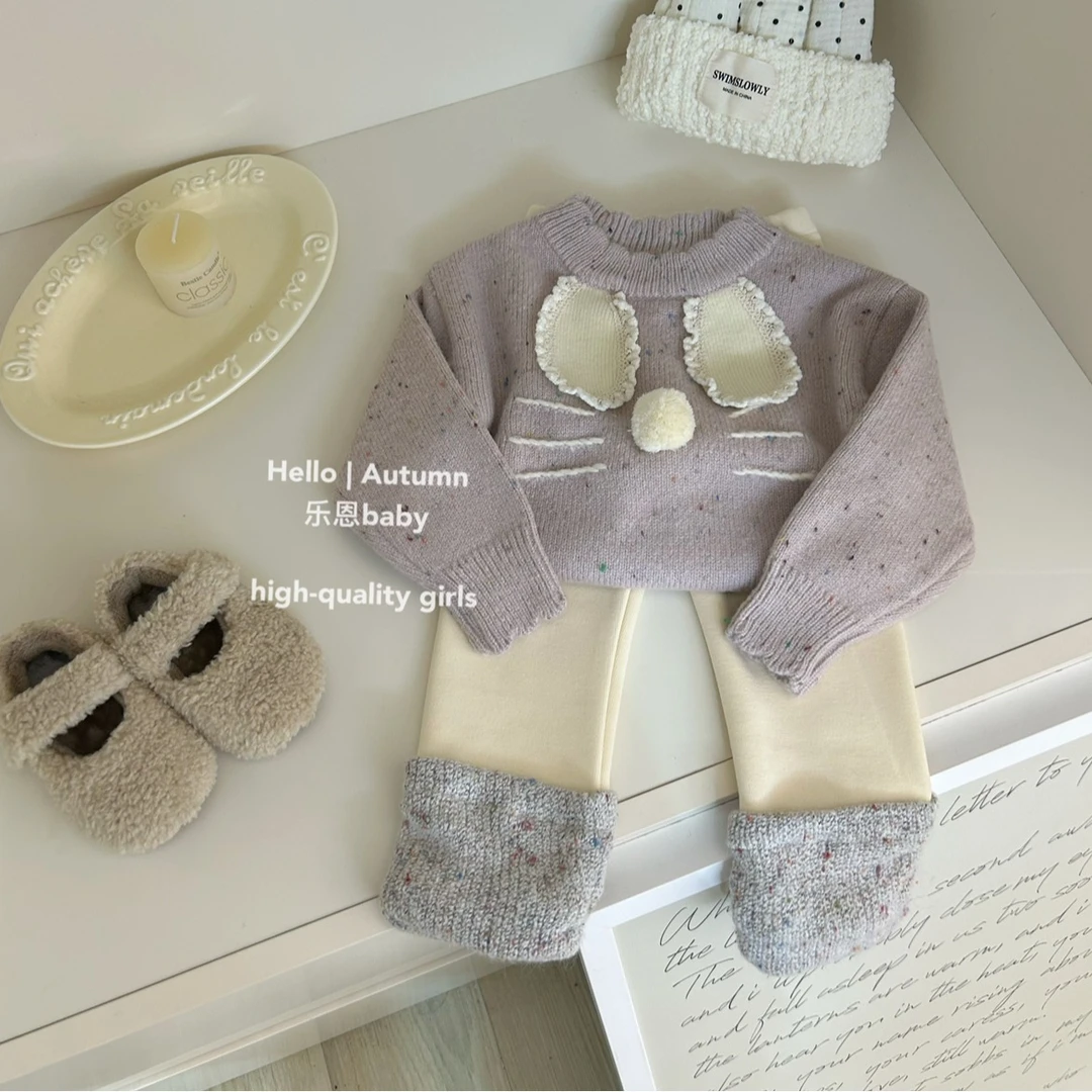 现货【乐恩童装】女童秋冬季新款紫色兔子毛线衣米白色一体绒裤套装