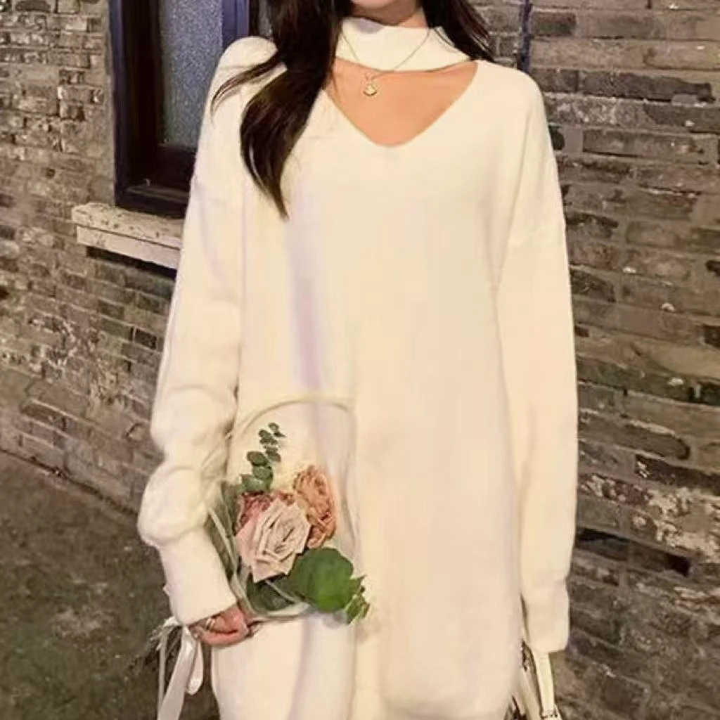 2025秋冬新款时尚中长款毛衣镂空针织衫显瘦女士上衣7288长71