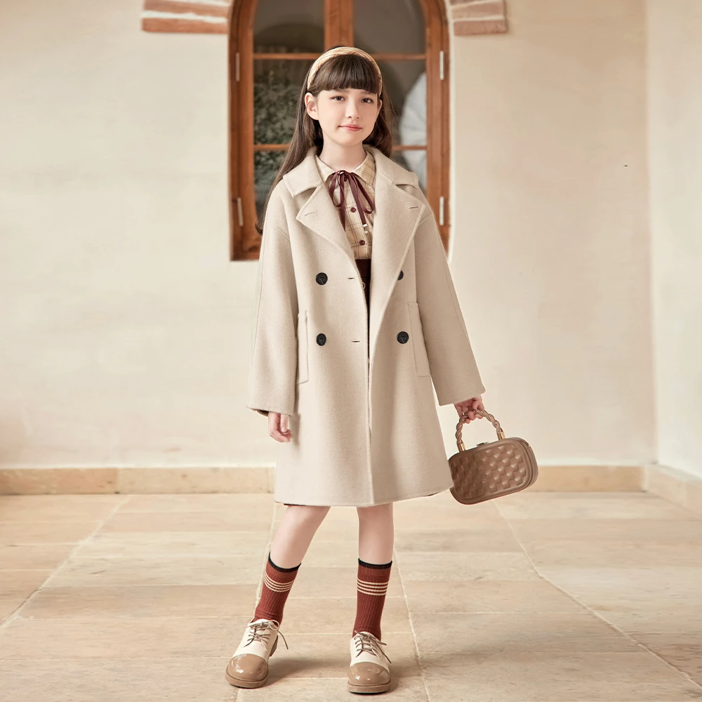 童绣儿童双面羊绒大衣秋冬新款全羊毛加厚中长款女童羊毛大衣外套