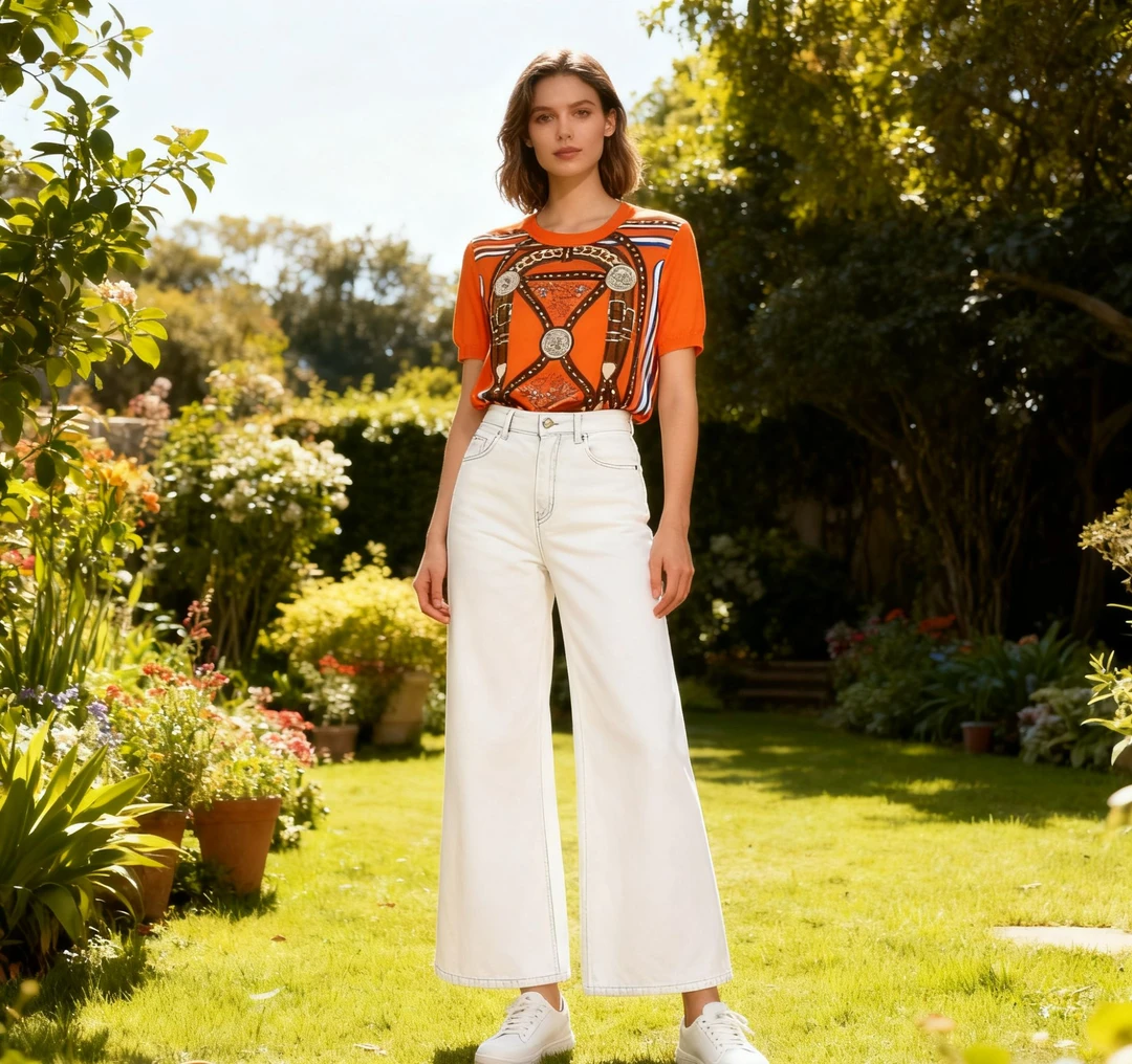 【清仓福利】SS 22731皮带链条印花真丝拼接短袖上衣