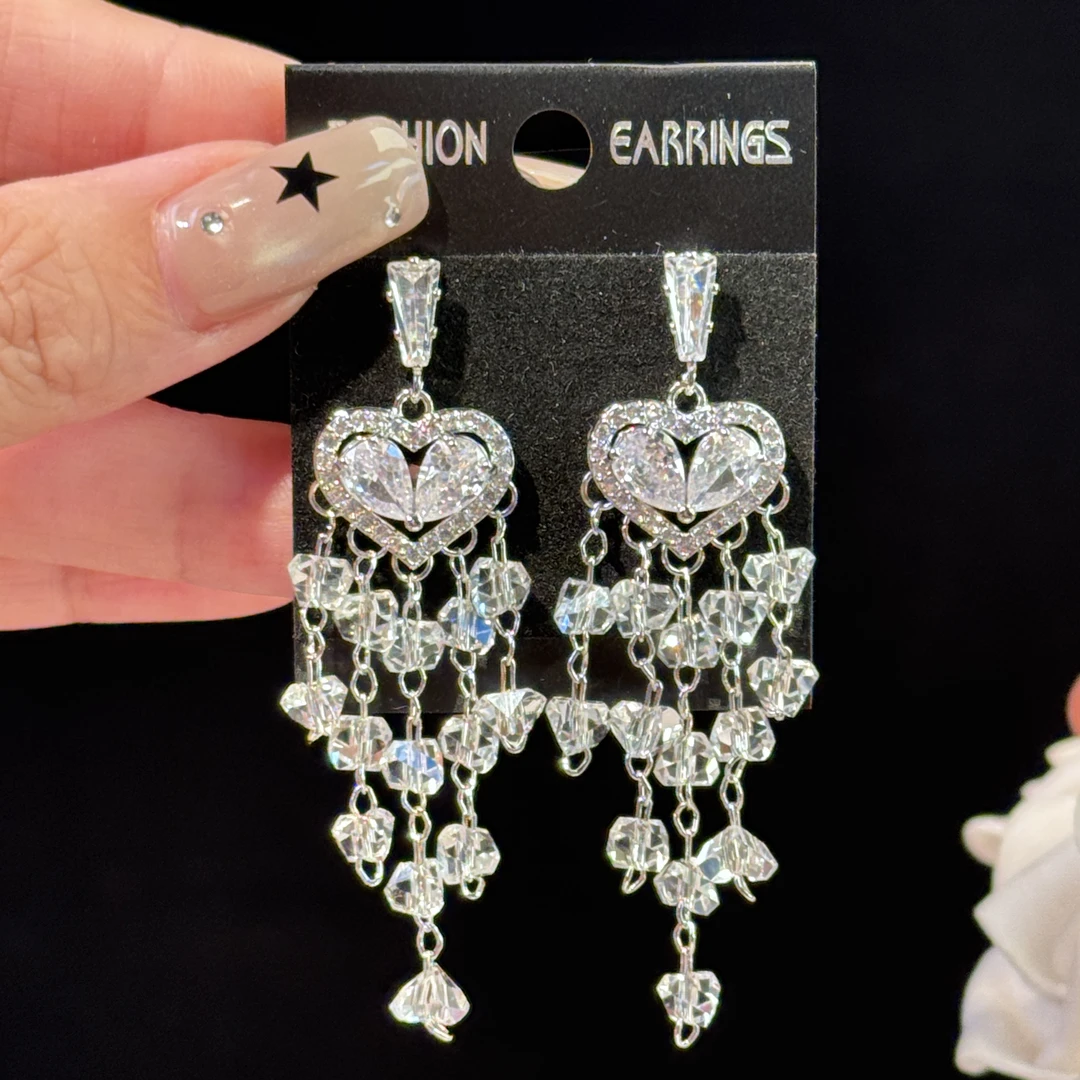 铜合金锆石耳饰 语蓉】小众时尚高级感爱心长款耳坠轻奢白搭耳钉女