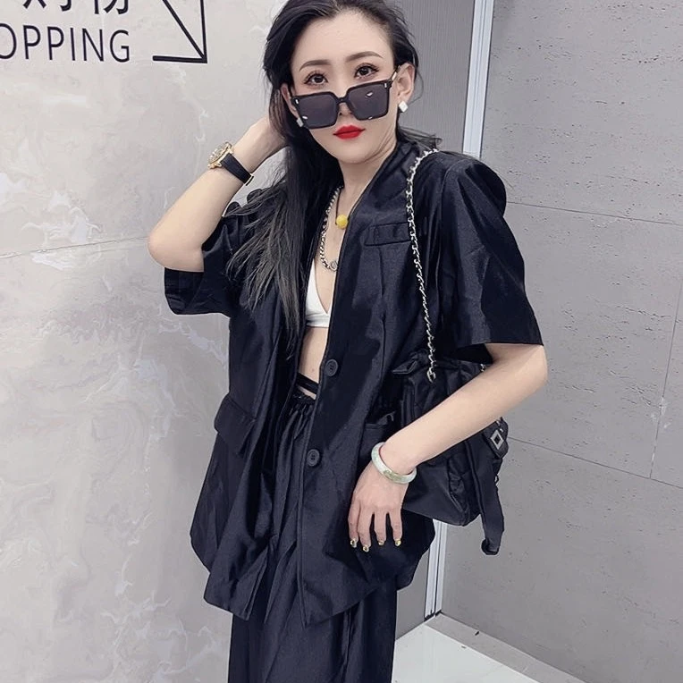 欧货质感高端套裙黑色套装夏季