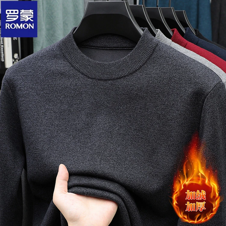 罗蒙男士毛衣款秋冬款中青年加绒加厚圆领半高领针织T恤衫新款男