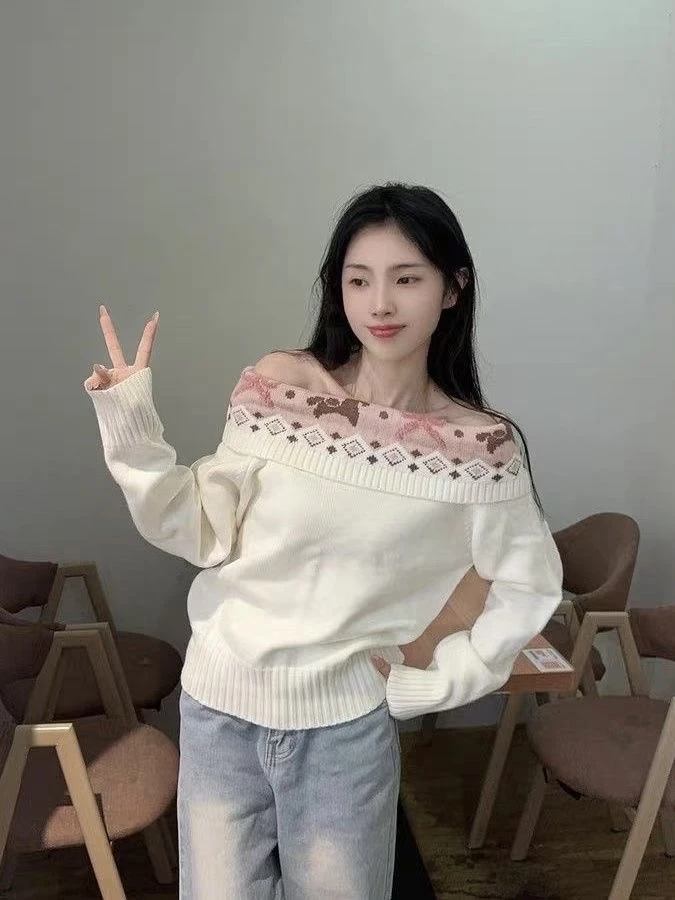 明星同款一字肩毛衣秋冬氛围感修身针织衫