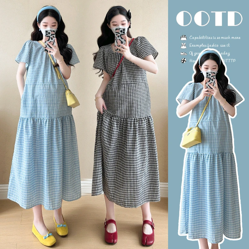 橙子家-2025新款格子长裙时尚韩版复古遮肚宽松休闲孕妇连衣裙