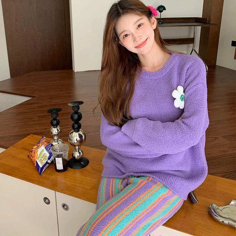 条纹款软绵绵睡衣女秋冬珊瑚绒加厚家居服套装冬季保暖轻奢贴身