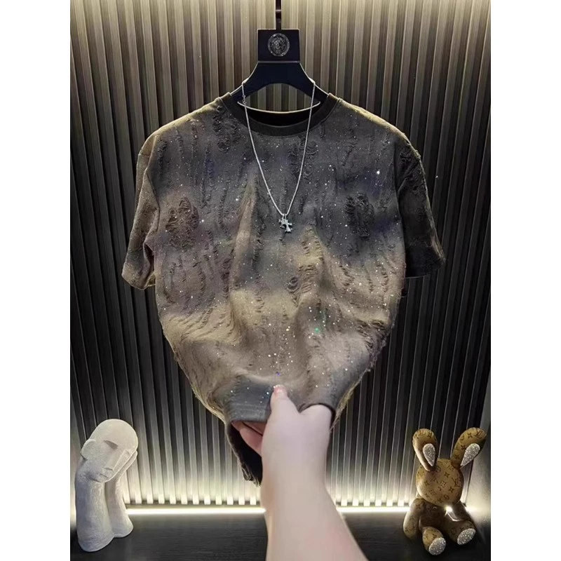 2025春季新款高定短袖t恤男款上衣流星满钻T恤男圆领t恤