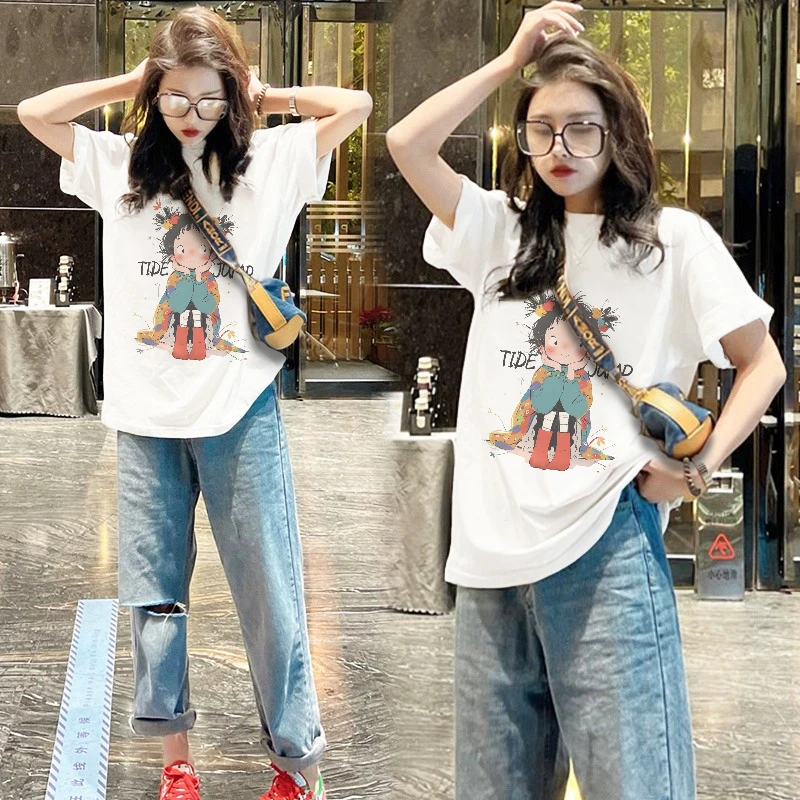 2025新款纯棉短袖T恤大码显瘦宽松洋气印花圆领上衣休闲时尚潮流