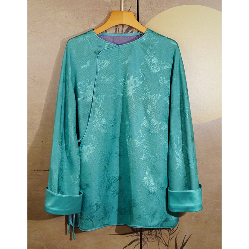 【蓝蝶】桑蚕丝国风复古新中式长袖斜禁圆领开叉长款女装外套 F5141